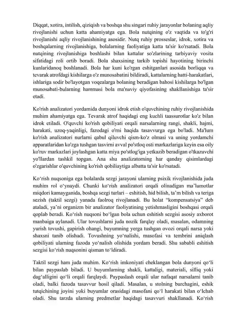 Ko‘rish nuqsoniga ega bolalar sezgi va idrok, diqqat va xotirasining o‘ziga xosligi. 2