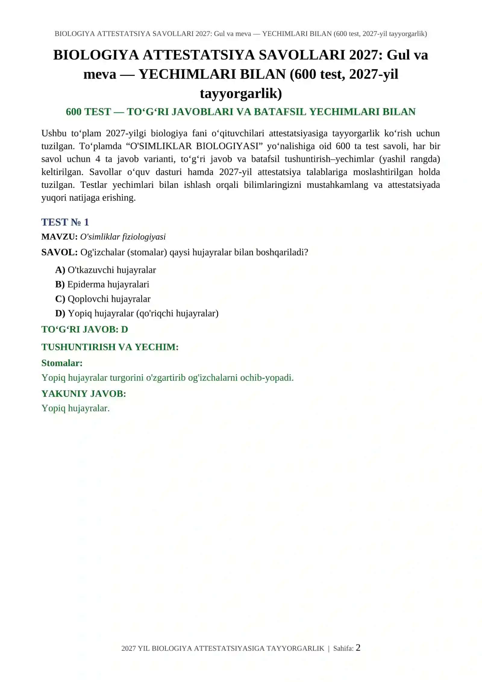 BIOLOGIYA ATTESTATSIYA SAVOLLARI 2027: Gul va meva — YECHIMLARI BILAN (600 test, 2027-yil tayyorgarlik) 2