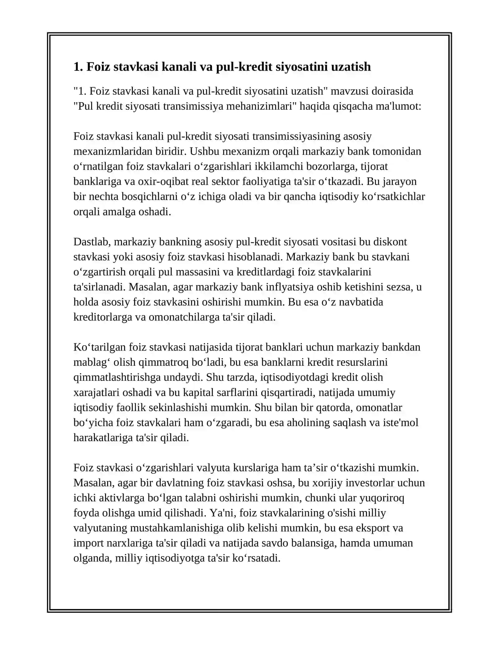 PUL KREDIT SIYOSATI TRANSMISSIYA MEHANIZIMLARI 2