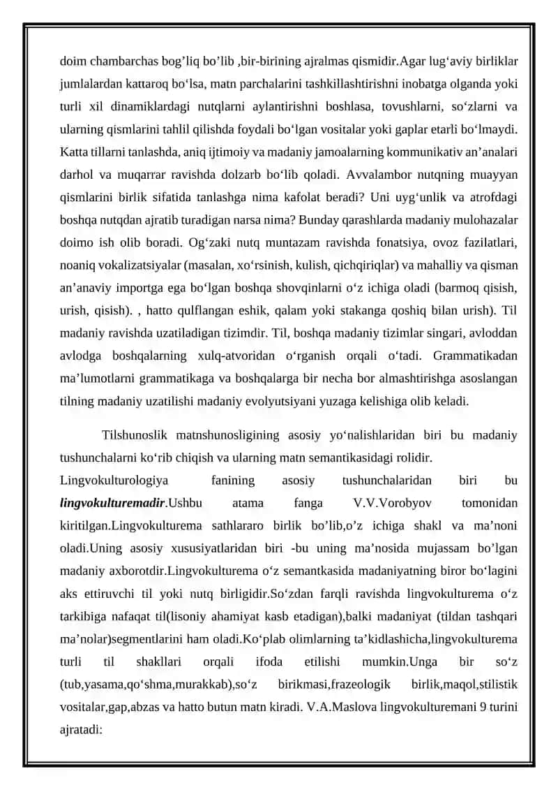 Matn lingvistikasining lingvomadaniy aspekti. lingvokulturema, madaniy aspekt, madaniy konnotatsiya, madaniy semalar milliy dunyo tasviri tushunchalari 2