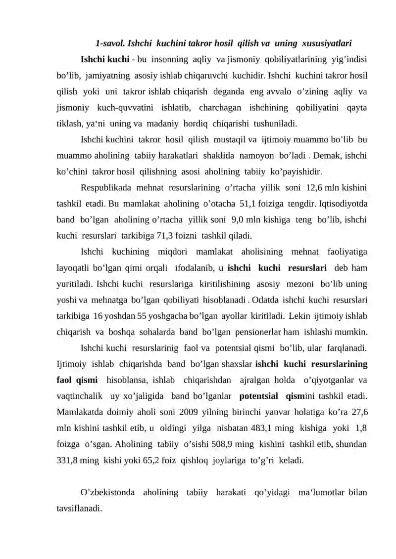 Ishchi kuchini takror hosil qilish va uning xususiyatlari 2