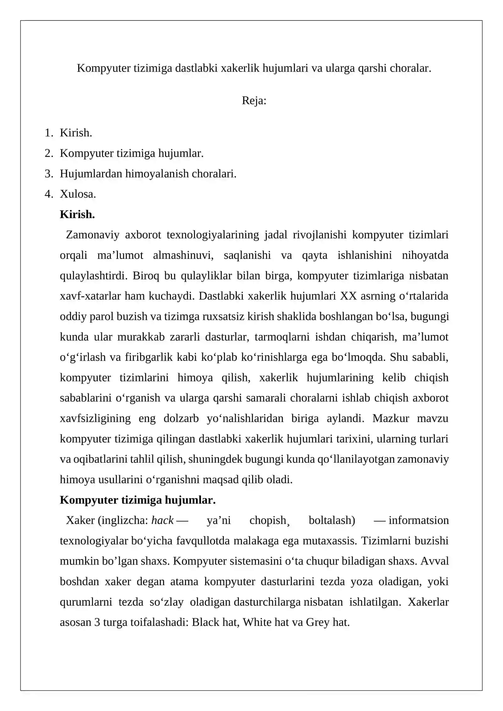 Kompyuter tizimiga dastlabki xakerlik hujumlari va ularga qarshi choralar 2