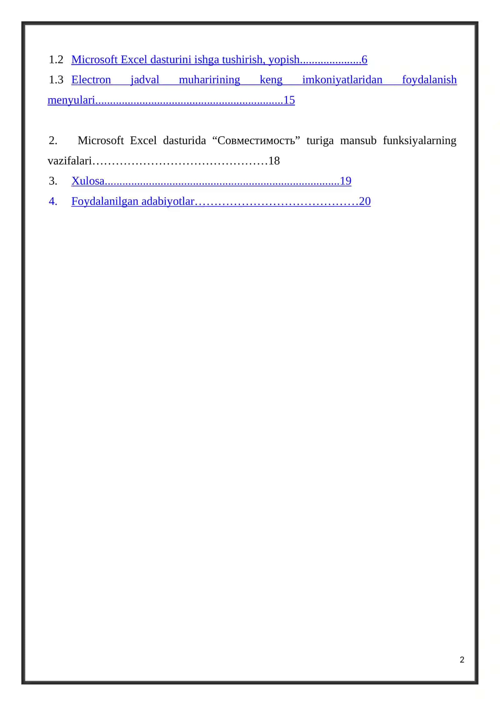 Microsoft Excel dasturida “Совместимость” turiga mansub funksiyalarning vazifalari. 2