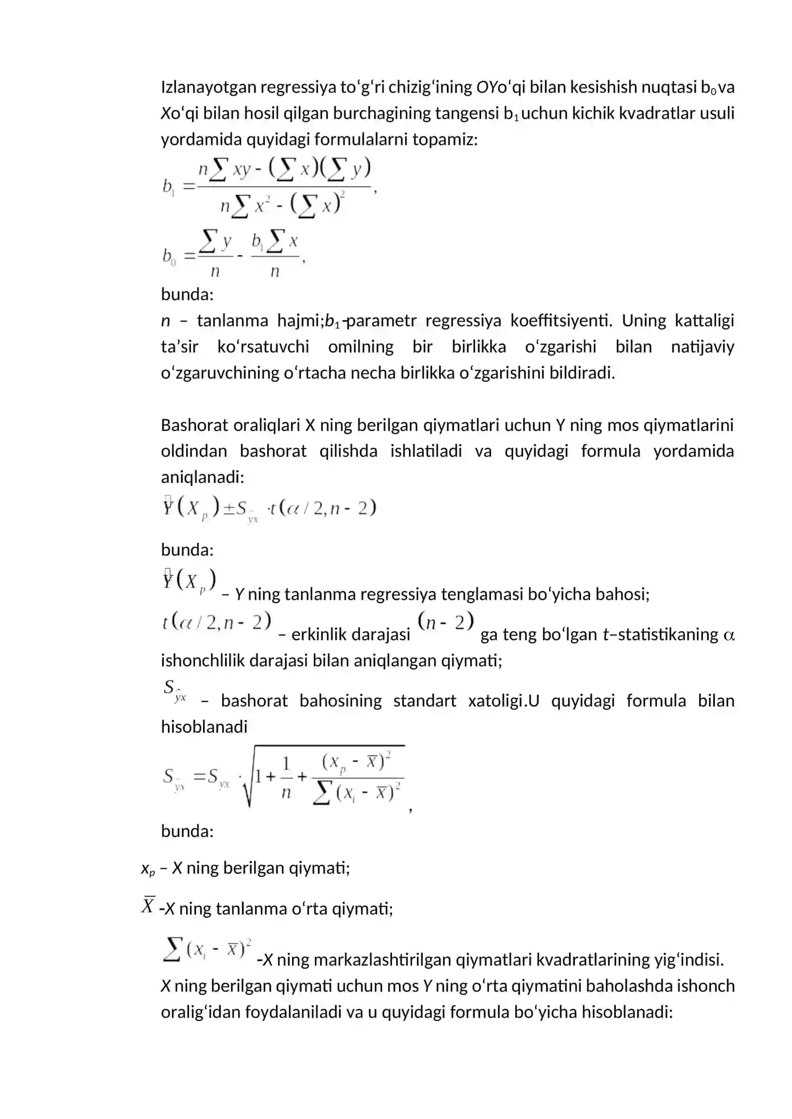 Juftlik regressiyaning chiziqli tenglamasi. Chiziqli regressiya koeffitsiyentlarining statistik tahlili. Oddiy regressiya modellarda ishonch va bashorat intervallari 2