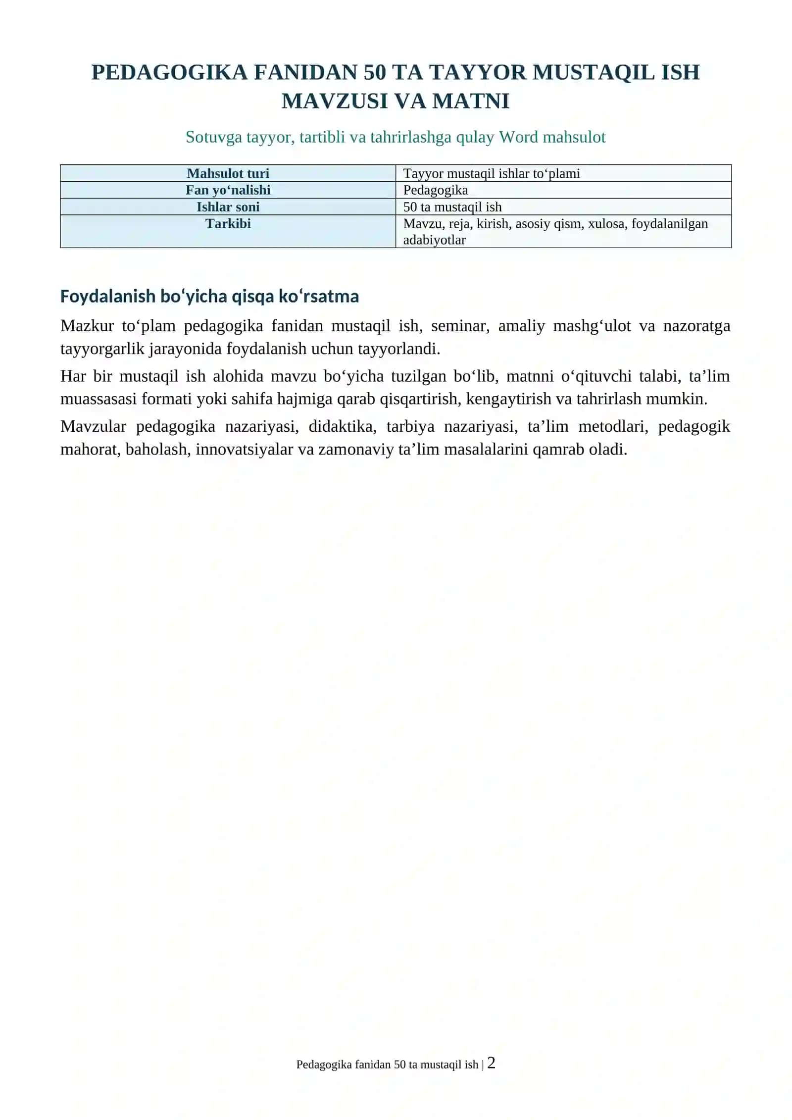 PEDAGOGIKA FANIDAN 50 TA TAYYOR MUSTAQIL ISH MAVZUSI VA MATNI 2