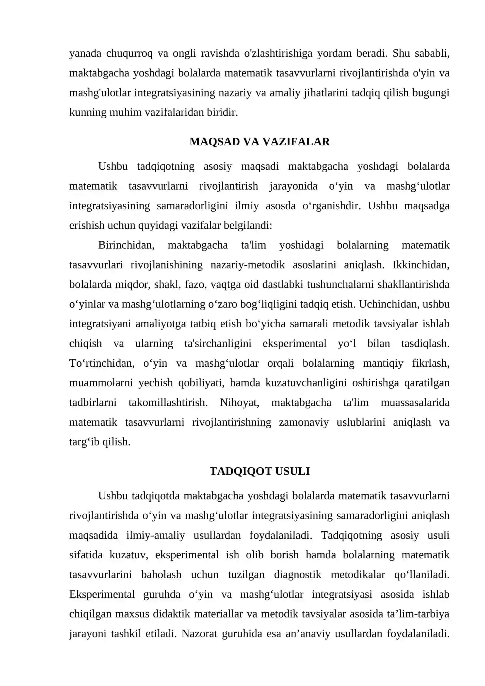MAKTABGACHA YOSHDAGI BOLALARDA MATEMATIK TASAVVURLARNI RIVOJLANTIRISHDA O‘YIN VA MASHG‘ULOTLAR INTEGRATSIYASI 2