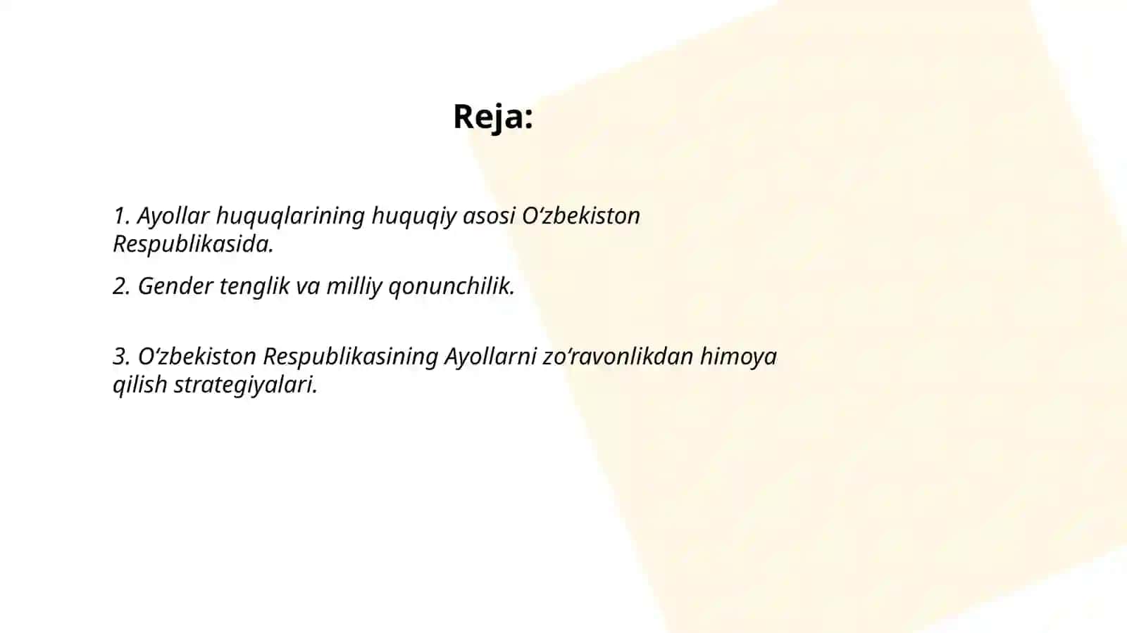Ayollar huquqlari- O‘zbekiston Respublikasi milliy qonunchiligida. Gender tenglik. Himoya orderi 2