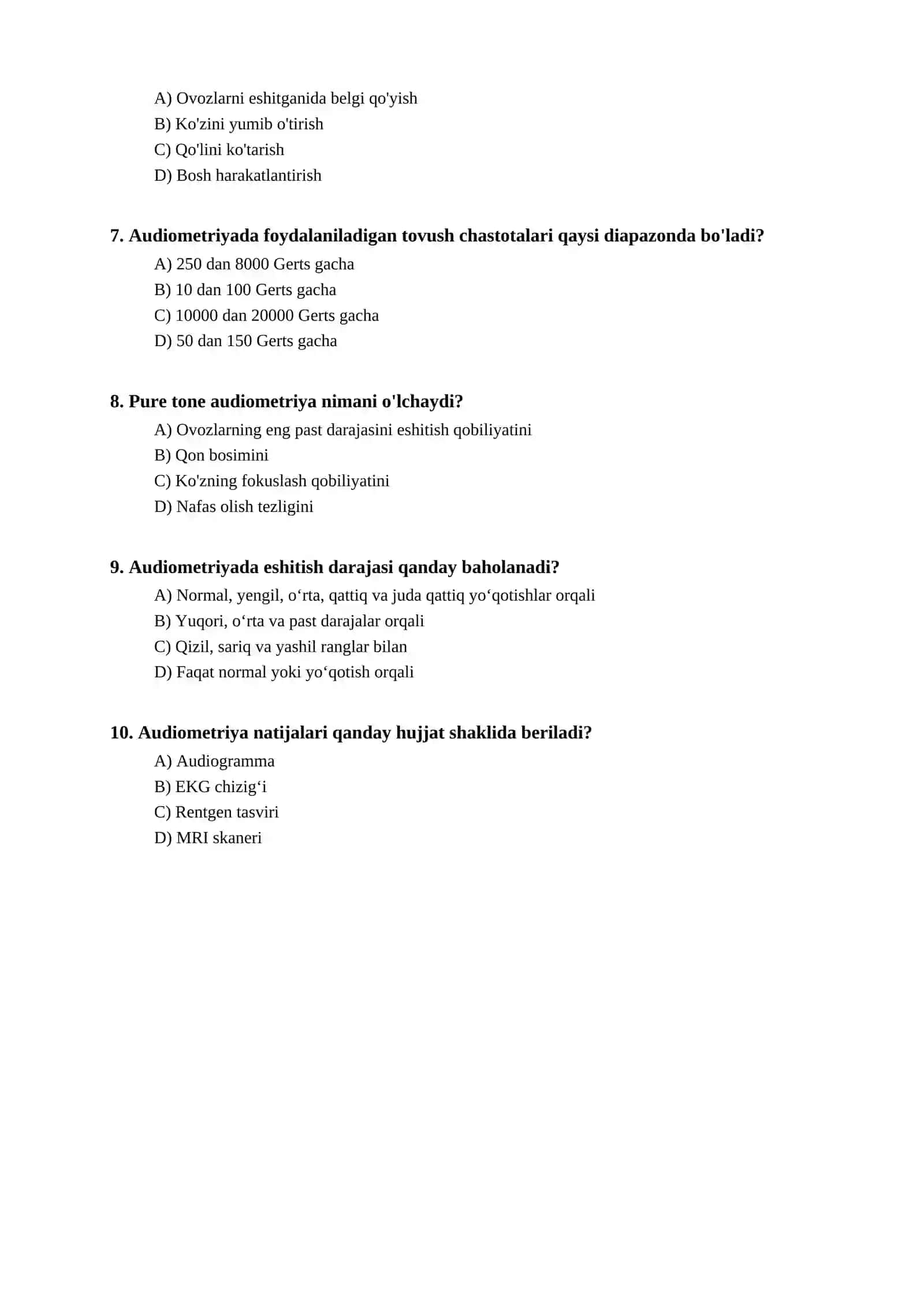 Audiometriya bo'yicha test 2