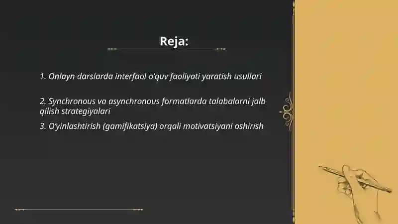 Onlayn sharoitda oʻqitish: talabalarni jalb qilish strategiyalari 2