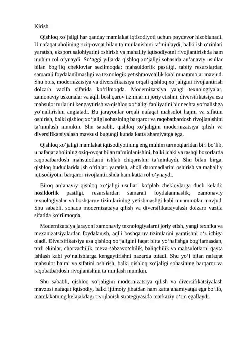 Qishloq xo'jaligini modernizatsiya qilish va diversifikatsiyalash 2