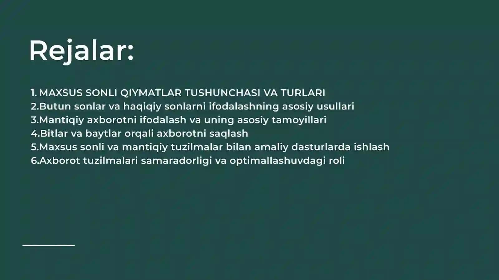Maxsus sonli qiymatlar va mantiqiy axborotni ifodalash tuzilmalari 2