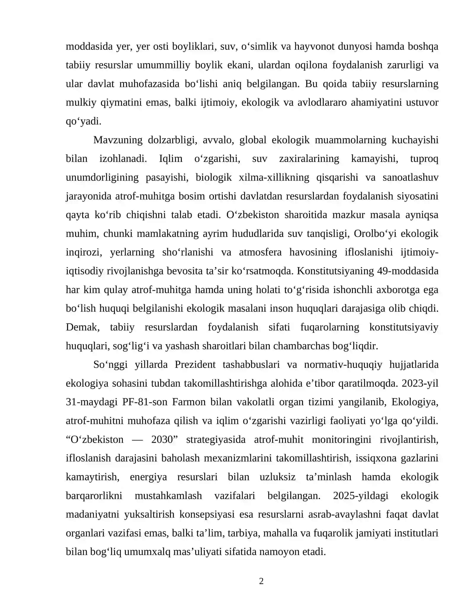 OʻZBEKISTONDA TABIIY RESURSLARDAN OQILONA FOYDALANISHNING KONSTITUTSIYAVIY ASOSLARI 2