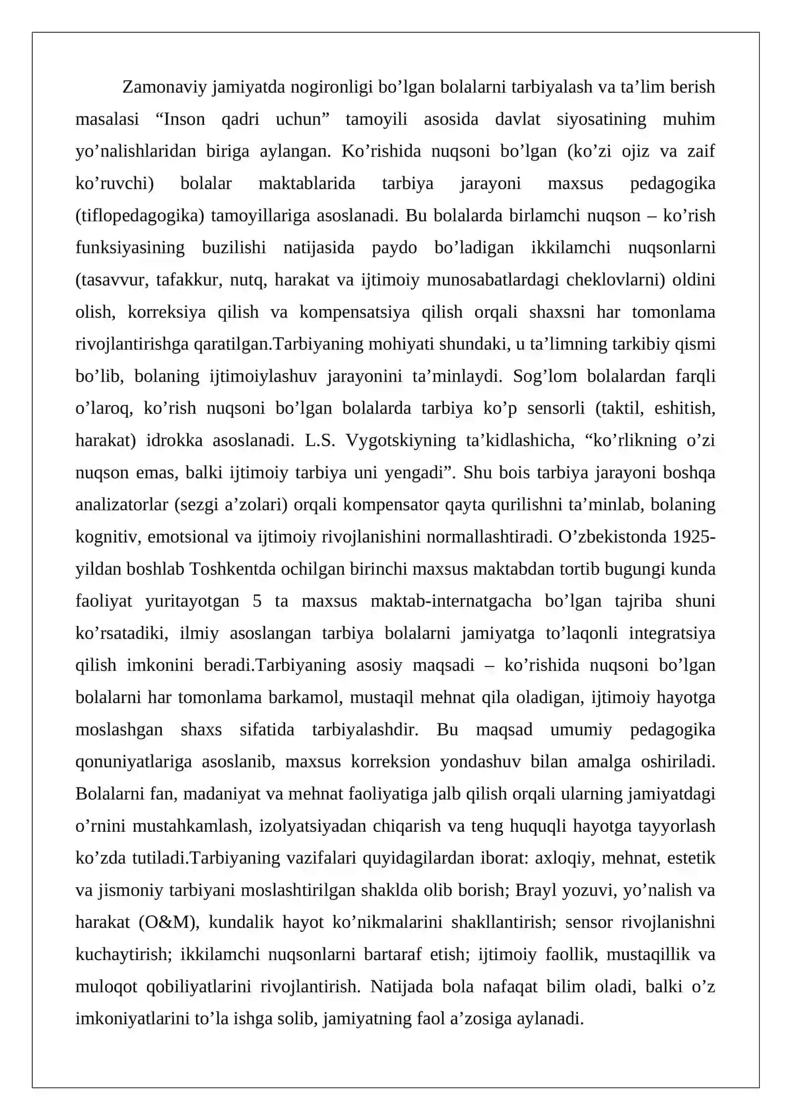 Ko’rishida nuqsoni bo’lgan bolalar maktabida tarbiyaning mohiyati, maqsadi va vazifalari 2