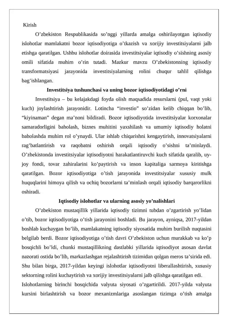 Iqtisodiy islohotlar. Investitsiyaning bozor iqtisodiyotidagi ahamiyati 2