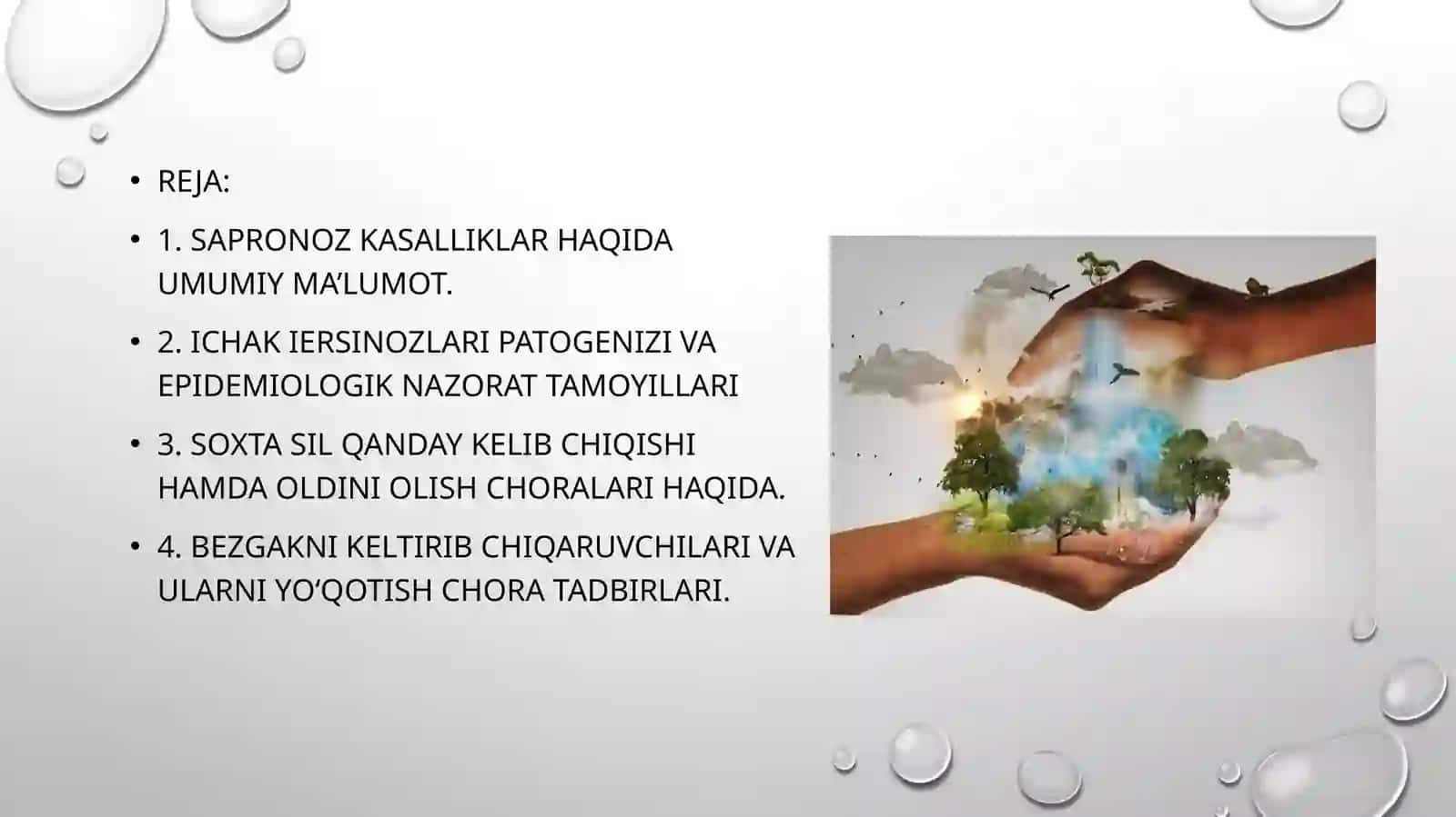 Sapronozkasalliklar. Ichakiersinozlari. Soxta sil. Kasallikni kelib chiqishi, profilaktikasi va epidemiyaga qarshi chora tadbirlarni tashkillashtirish.Bezgakkasalligi 2