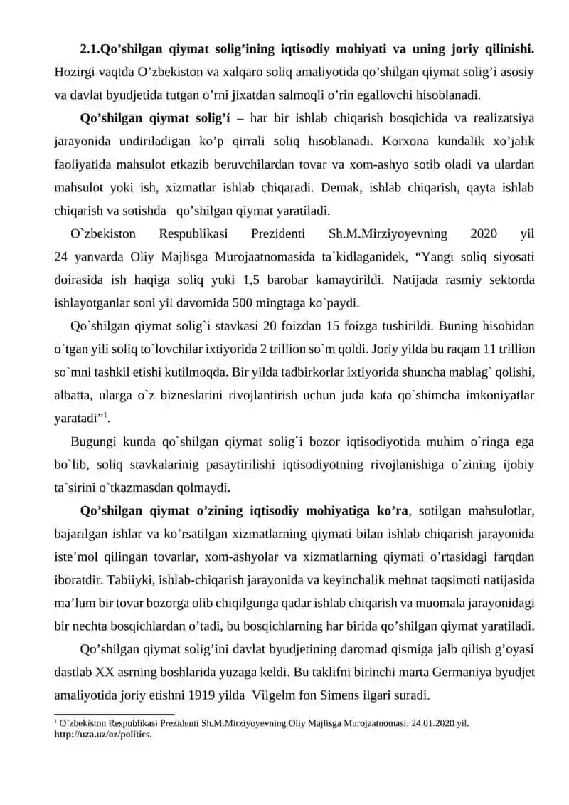 Qo’shilgan qiymat solig’i va uning mohiyati. 2