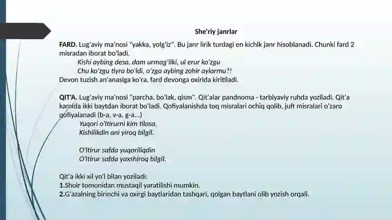 MUMTOZ SHE’R NAVLARI LIRIK LIRO-EPIK JANRLAR 2