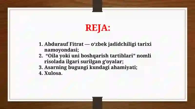 Abdurauf  Fitratning «Oila yoki uni boshqarish tartiblari» asarini o‘rganish va tahlil etish TAQDIMOT 2