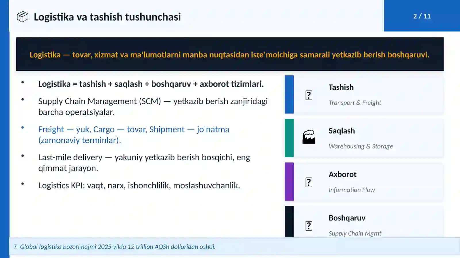 Har xil transport turlari ishtirokida tashishlarning zamonaviy texnologiyalari (Fan: Logistika) 2