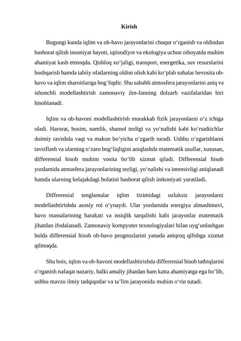 Iqlim va ob-havoni modellashtirishda differensial hisob tatbiqlari 2