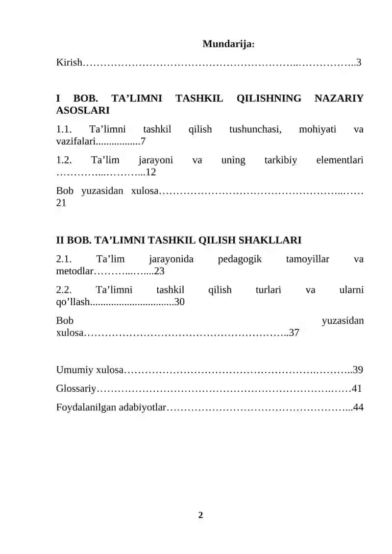 Ta`limni tashkil qilish shakllari va turlari (KURS ISHI) 2