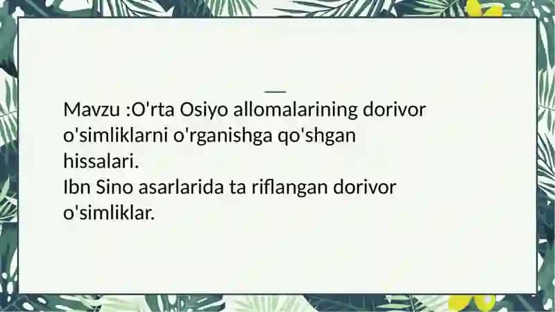 o'rta Osiyo allomalarining dorivor o'simliklarni o'rganishga qo'shgan hissasi 2