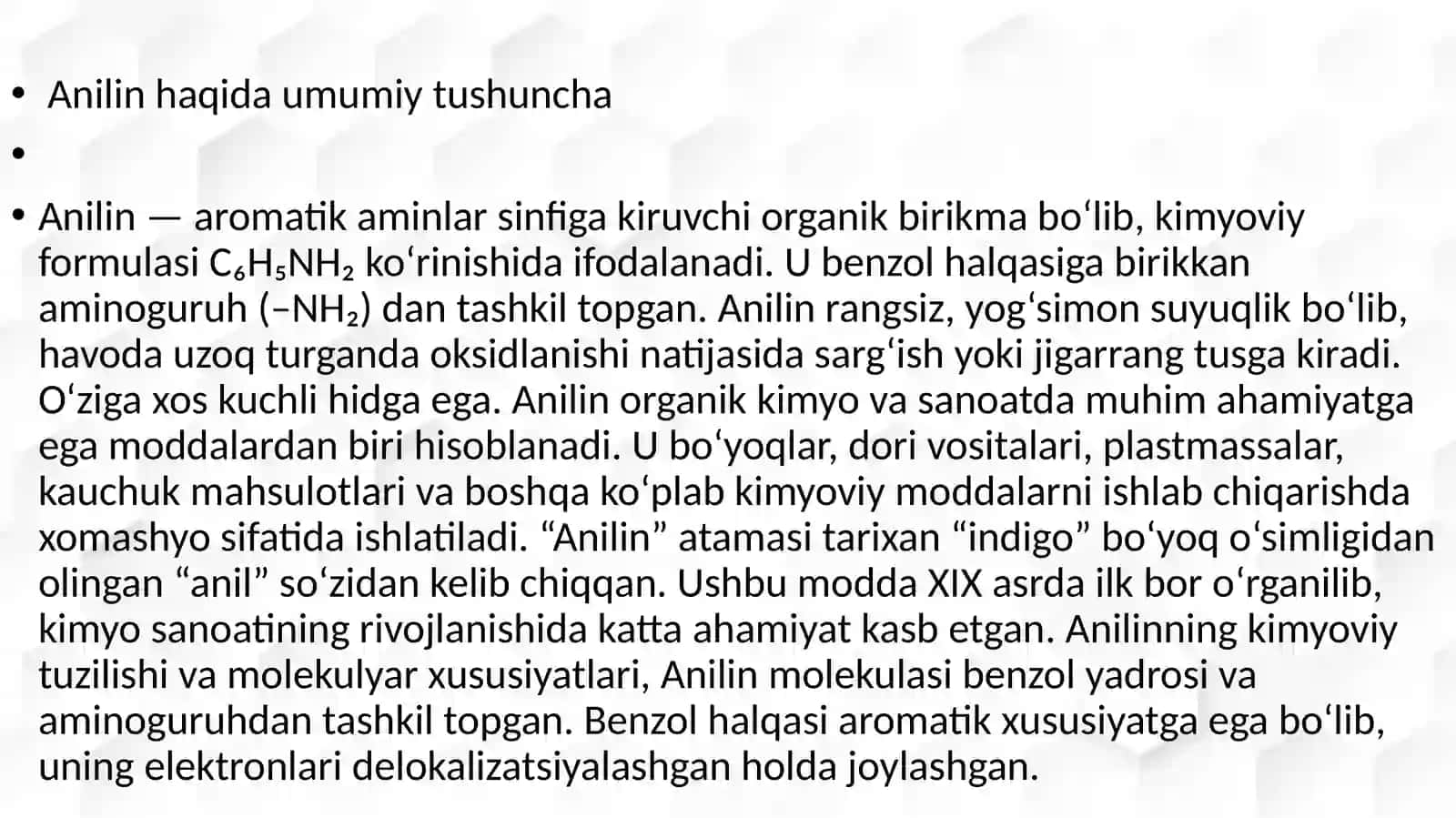 anilin uning sentizi tuzilishi va xossalari 2