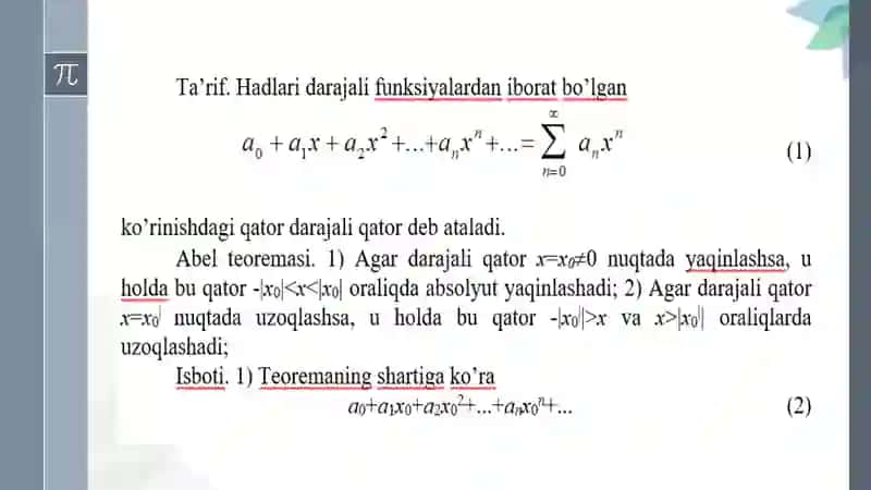 Funksional qatorlar. Asosiy tushunchalar. Darajali qatorlar. Abel teoremasi. 2