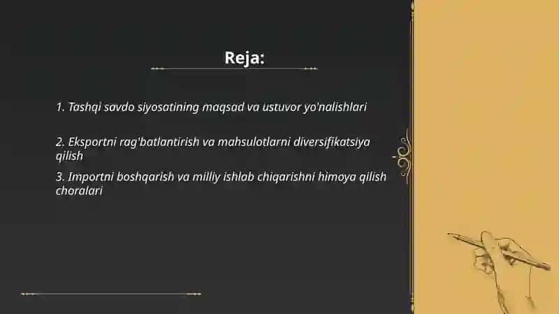 O'zbekistonning tashqi savdo siyosatining asosiy yo'nalishlari 2