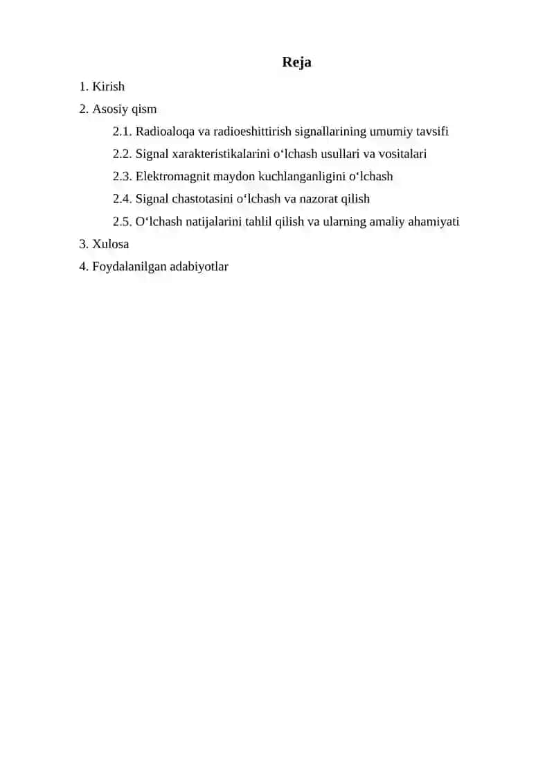Radioaloqa va radioeshittirish tizimlarida signal xarakteristikalarini o‘lchash. Maydon kuchlanganligi, chastota 2