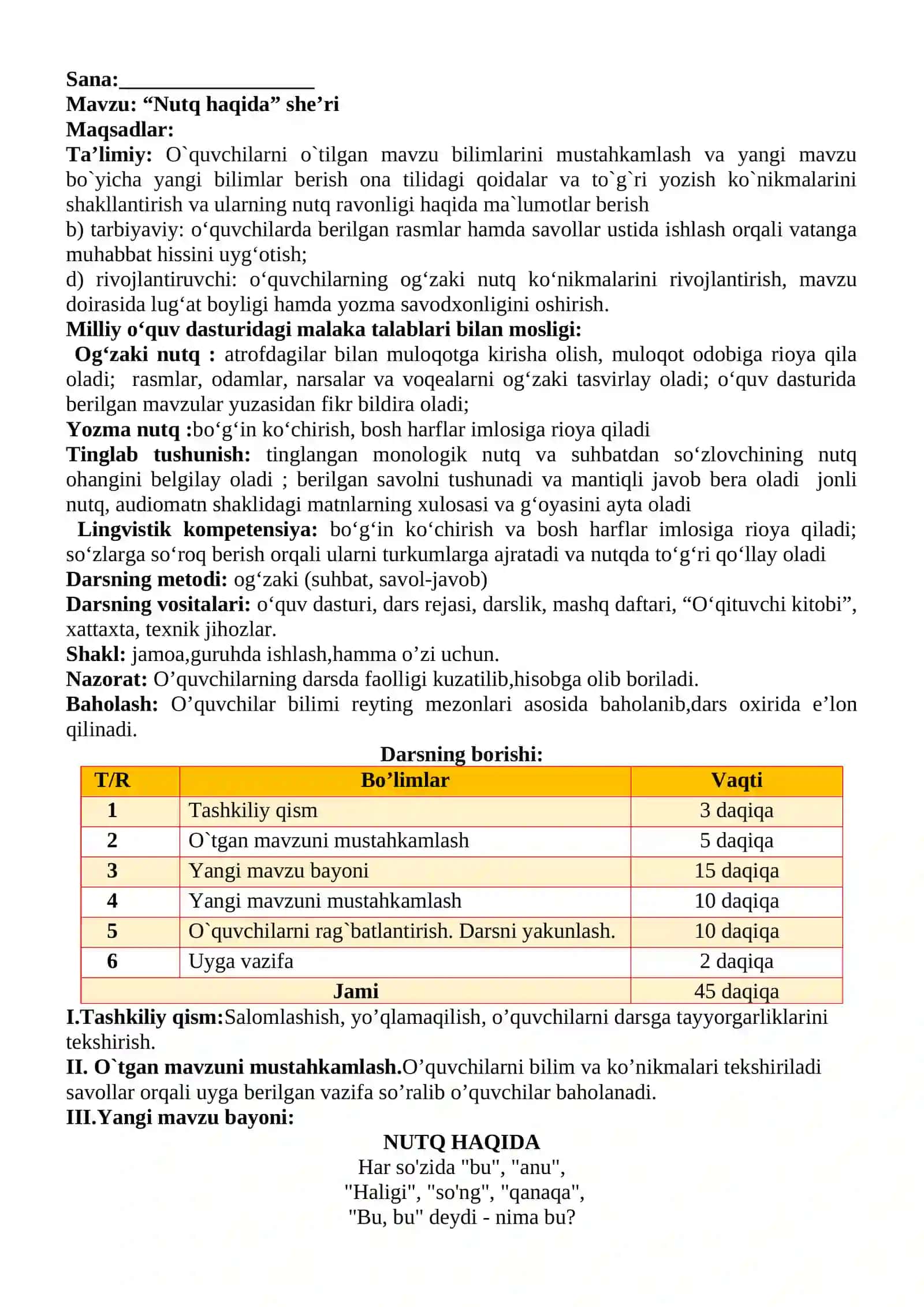 3-sinf Ona tili va o'qish savodxonligi fanidan Nutq haqida she'ri dars ishlanma 2