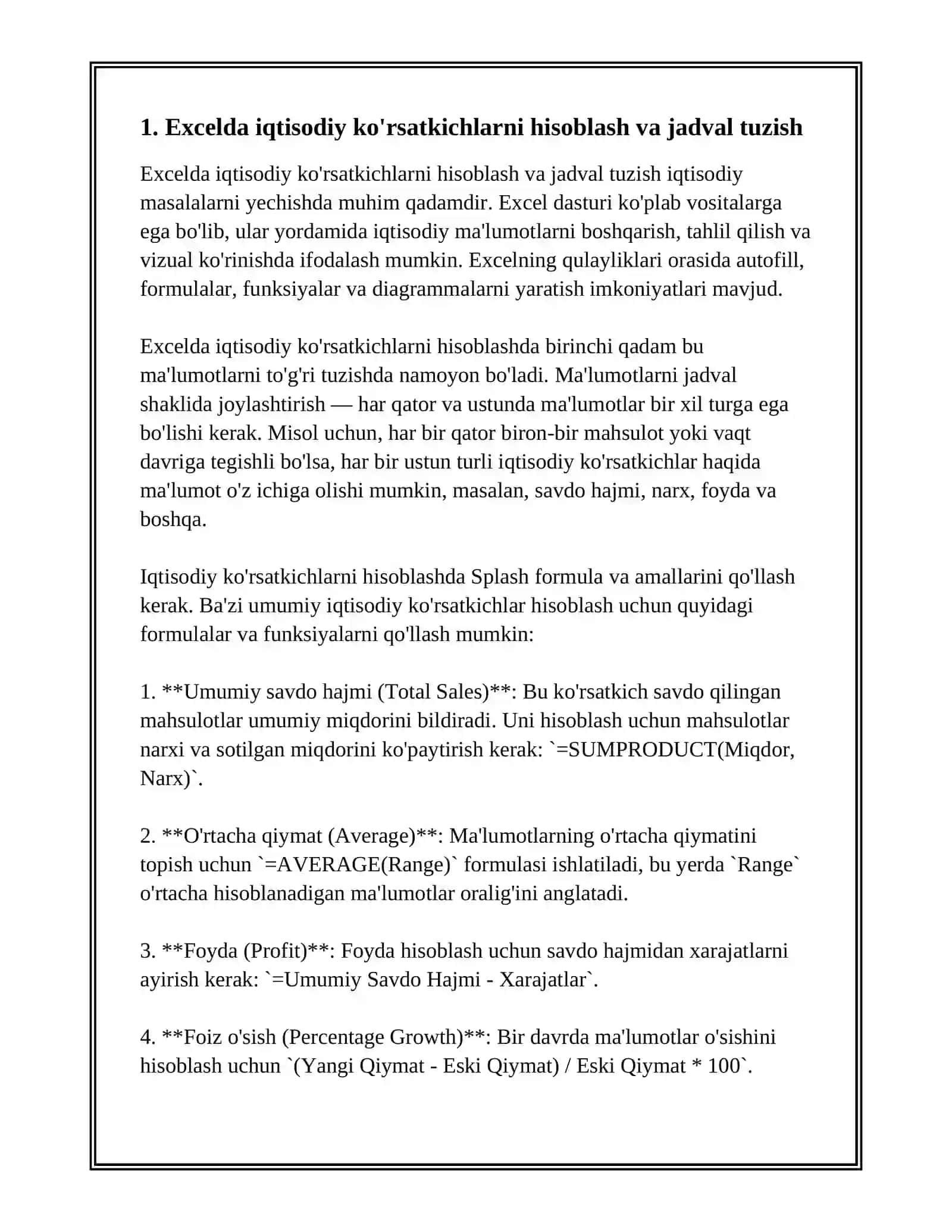 EXCEL DASTURIDA IQTISODIY MASALALARNI YECHISH 2