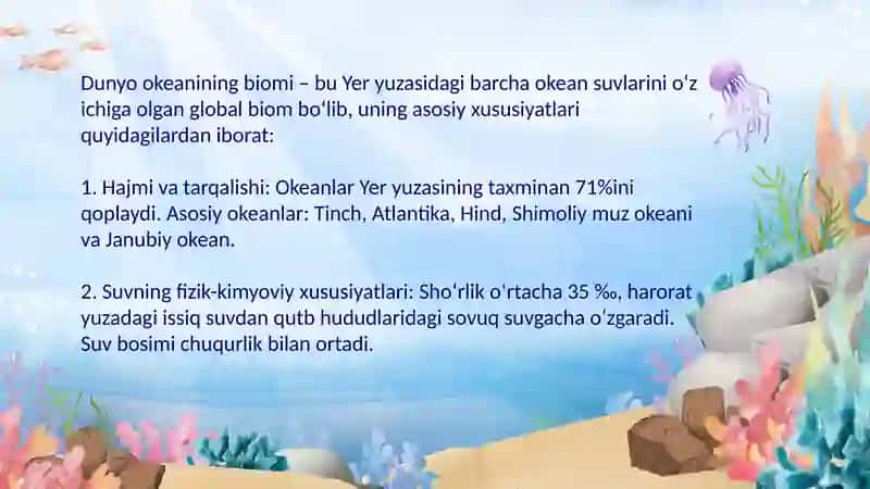 Dunyo okeanining biomi
Yer yuzasini florastik va faunistik rayonlashtirish 2