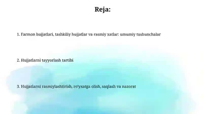 Farmoyish Hujjatlari va Tashkiliy Hujjatlar 2