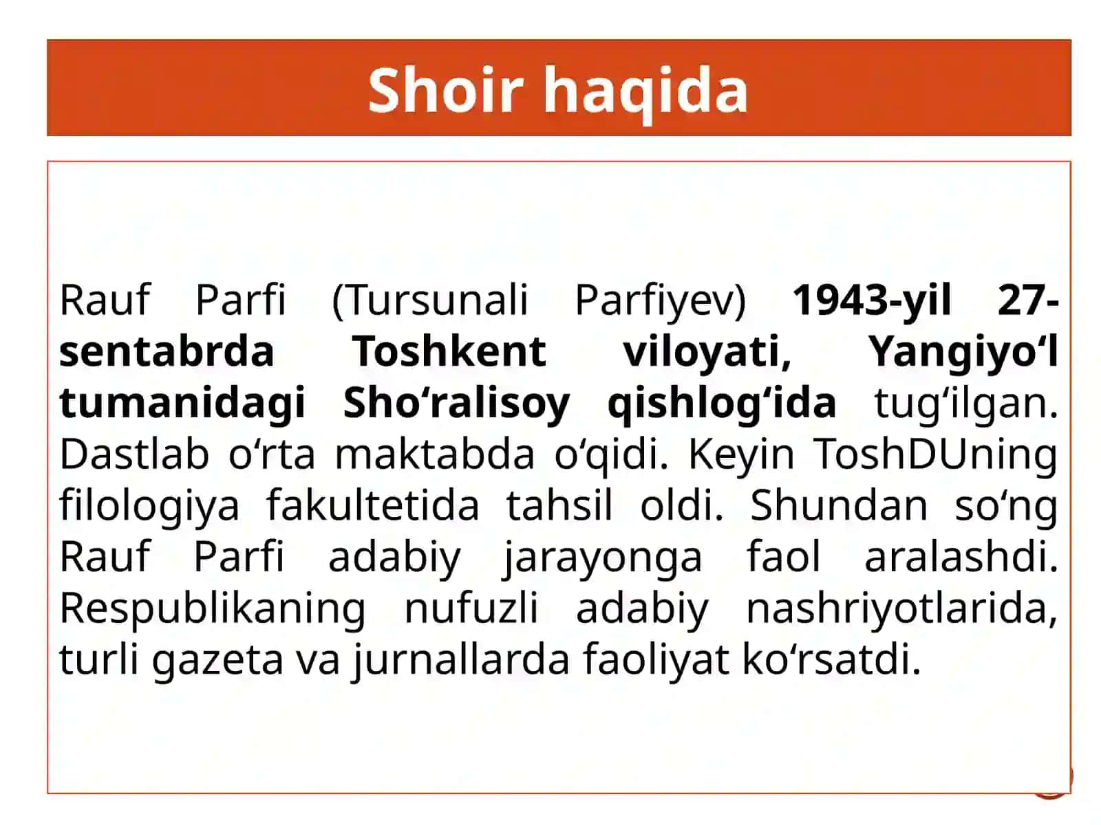 11-sinf Adabiyot dars ishlanma. Rauf Parfi hayoti va ijodi 2