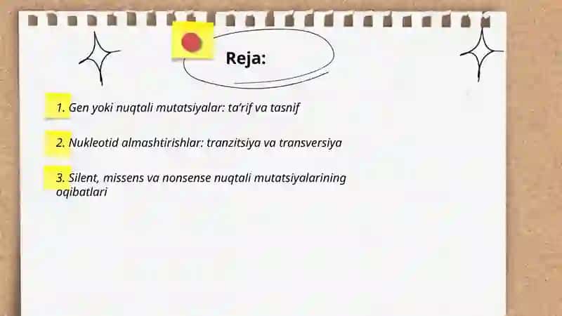 Gen yoki nuqtali mutatsiyalar. Mutatsiya va DNK reparatsiyasining molekulyar mexanizmlari 2