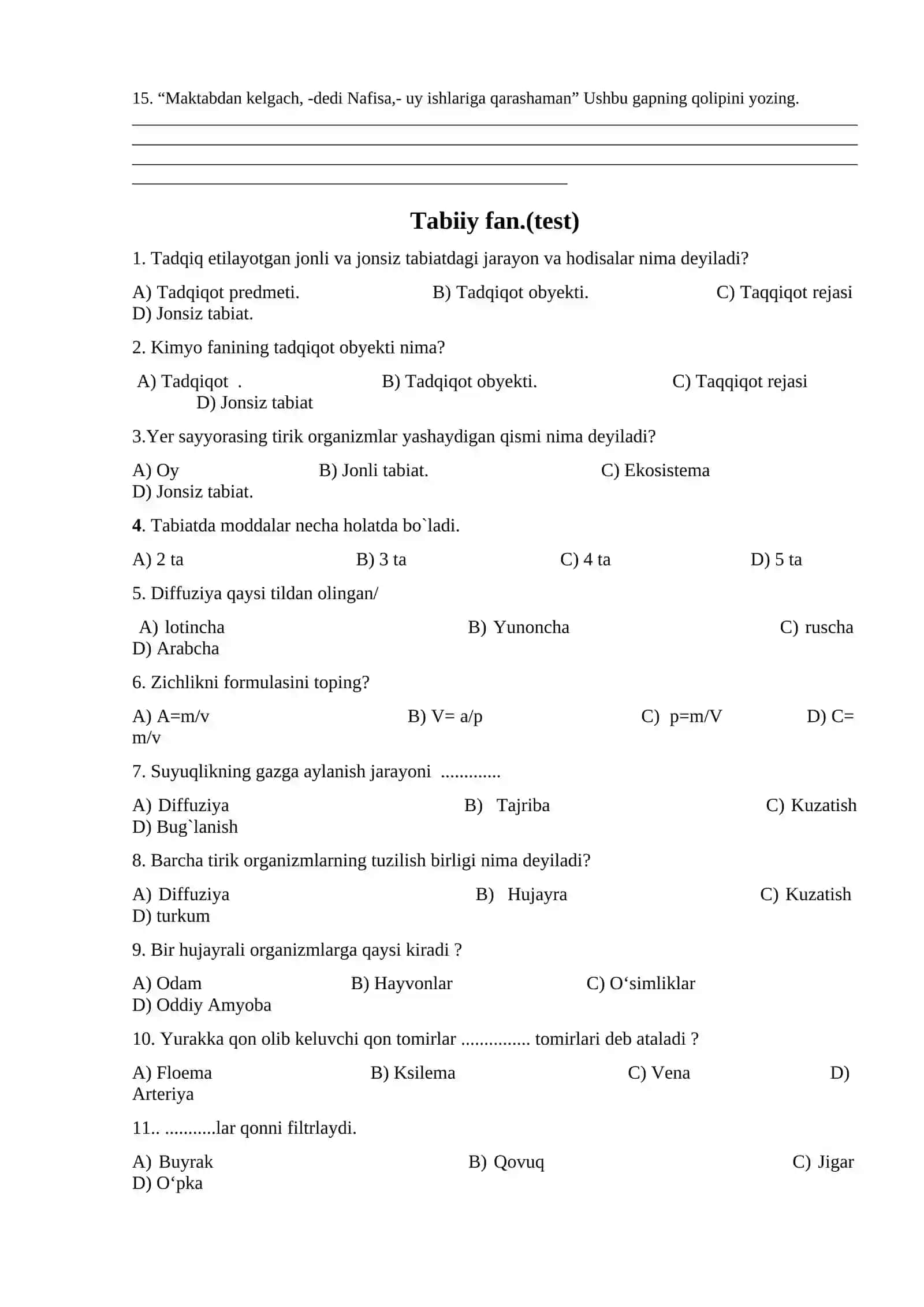 Ona tili va adabiyoti. (test) 2