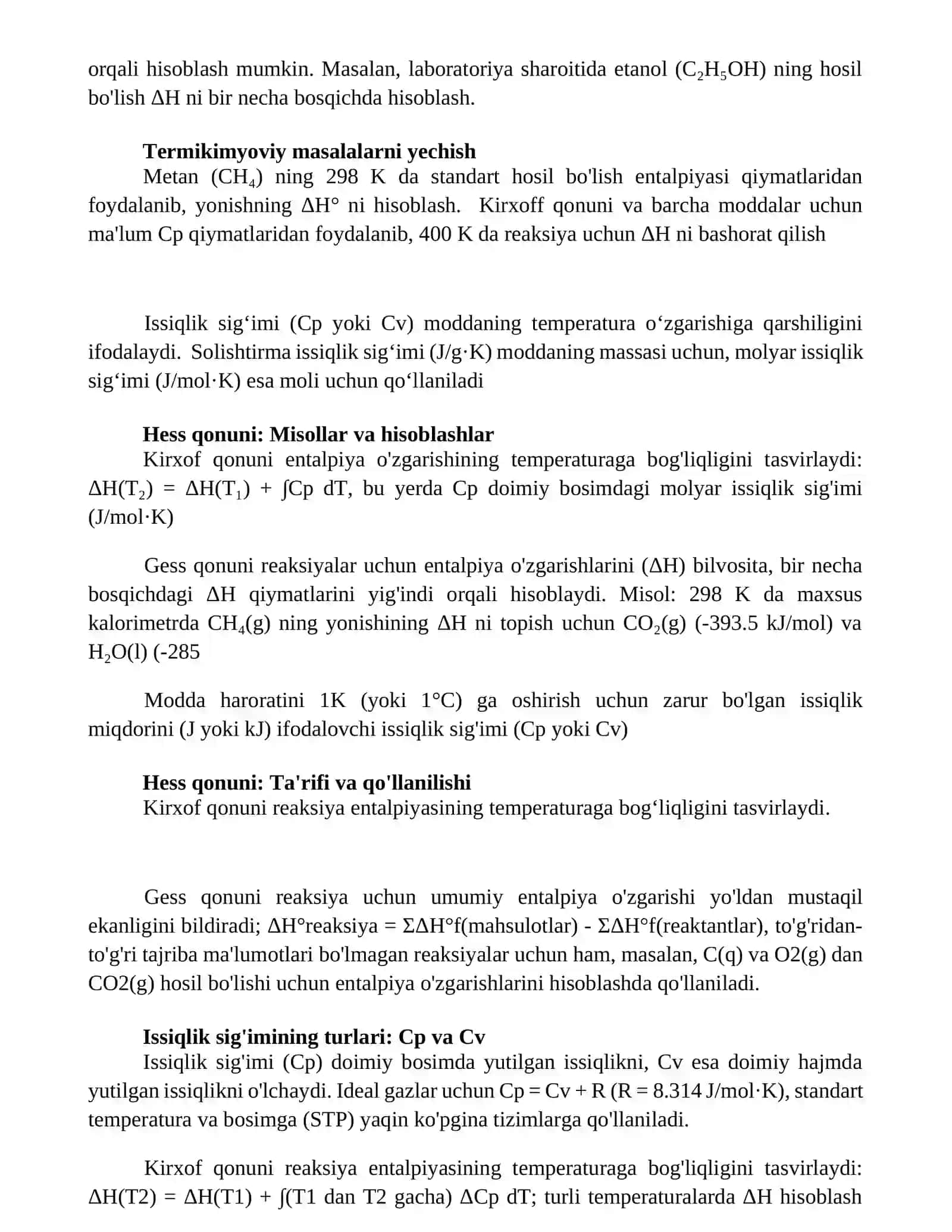 Termokimyo.Gess qonuni.Kirxgoff qonuni.Issiqlik sig‘imi va uning xillari 2