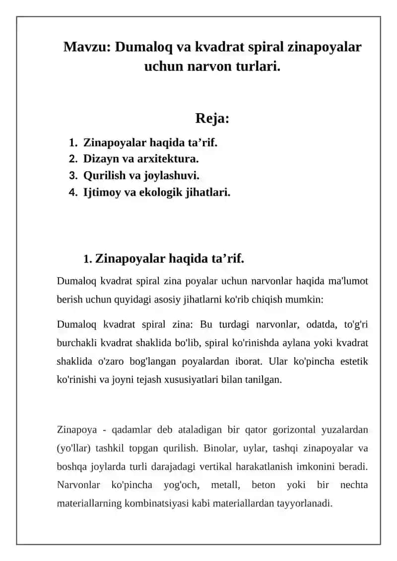 Dumaloq va kvadrat spiral zinapoyalar uchun narvon turlari 2