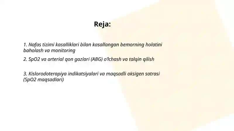 Nafas tizimi kasalliklari bilan kasallangan bemorlarning parvarishi va ularning nazorati. Kislorodoterapiya 2