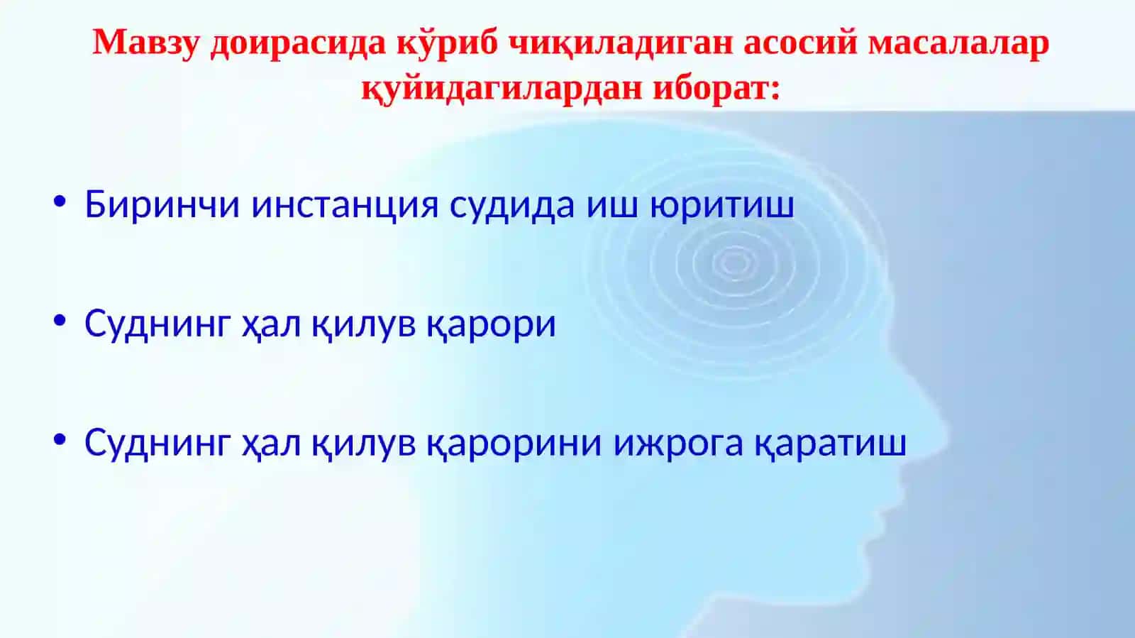 БИРИНЧИ ИНСТАНЦИЯ СУДИДА ИШ ЮРИТИШ, СУДНИНГ ҲАЛ ҚИЛУВ ҚАРОРИ ВА УНИ ИЖРОГА ҚАРАТИШ 2
