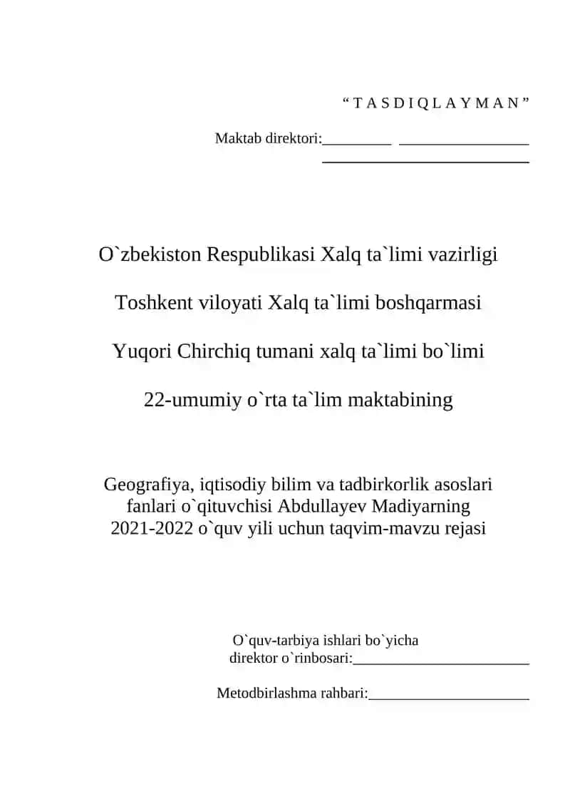 2021-2022 O`QUV YILI UCHUN TAQVIM-MAVZU REJASI 2