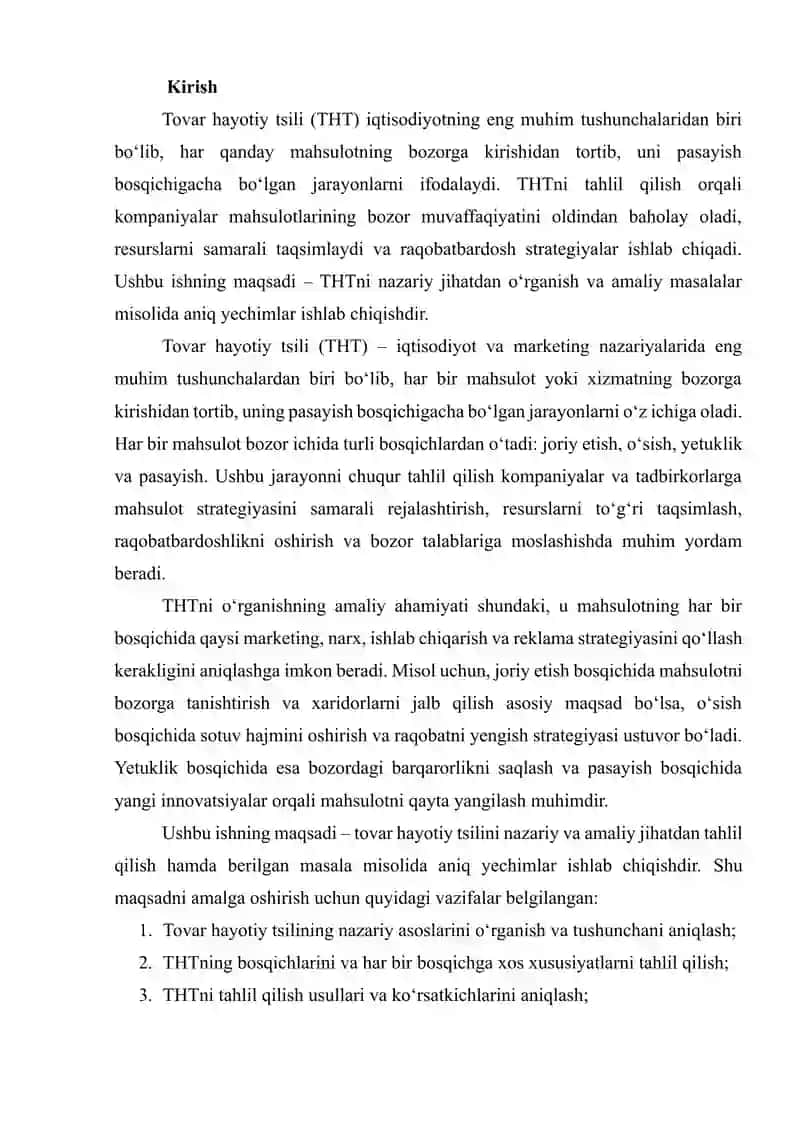 TOVAR HAYOTIY TSIKLINI TAHLIL QILISH VA BERILGAN MASALAGA ANIQ YECHIMLAR ISHLAB CHIQISH” 2