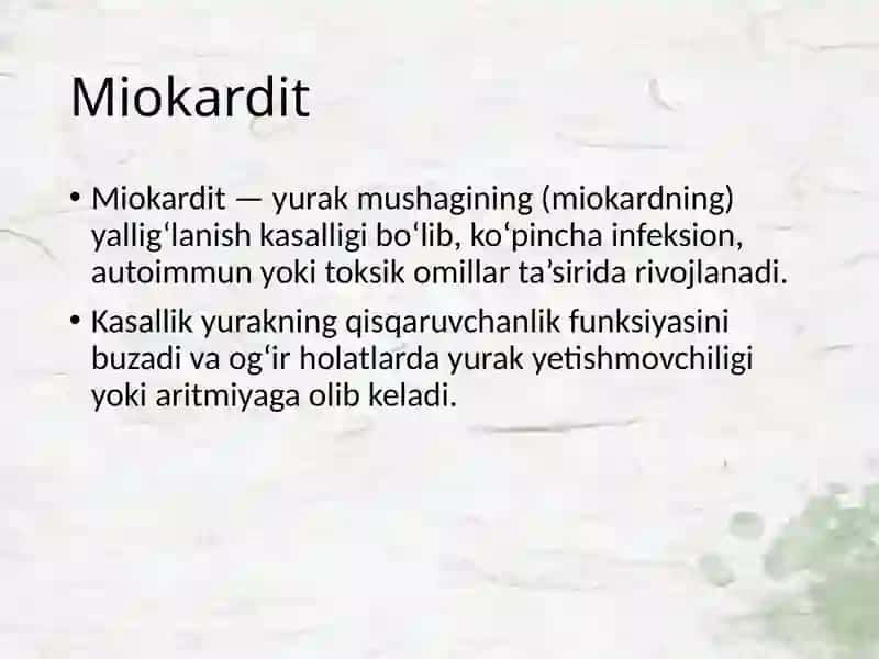 Miokardit va miokardiodistrofiyalarni  etiologiyasi, patogenezi va davolash  usullari. Miokardit va  miokardiodistrofiyalarni davolashda  qo‘llaniladigan dori vositalarning  farmakodinamikasi. 2