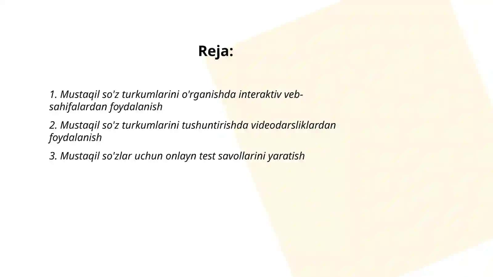MUSTAQIL SO'Z TURKUMLARI FANI YUZASIDAN ZAMONAVIY TEXNOLOGIYALARDAN FOYDALANGAN HOLDA TOPSHIRIQLAR TAYYORLASH 2