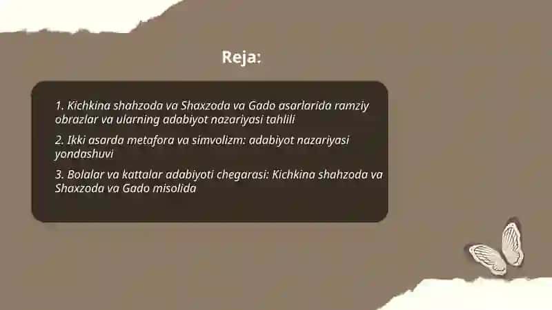 Kichkina shahzoda asari va Shaxzoda va Gado asari yuzasidan adabiyot nazariyasi boʻyicha 2