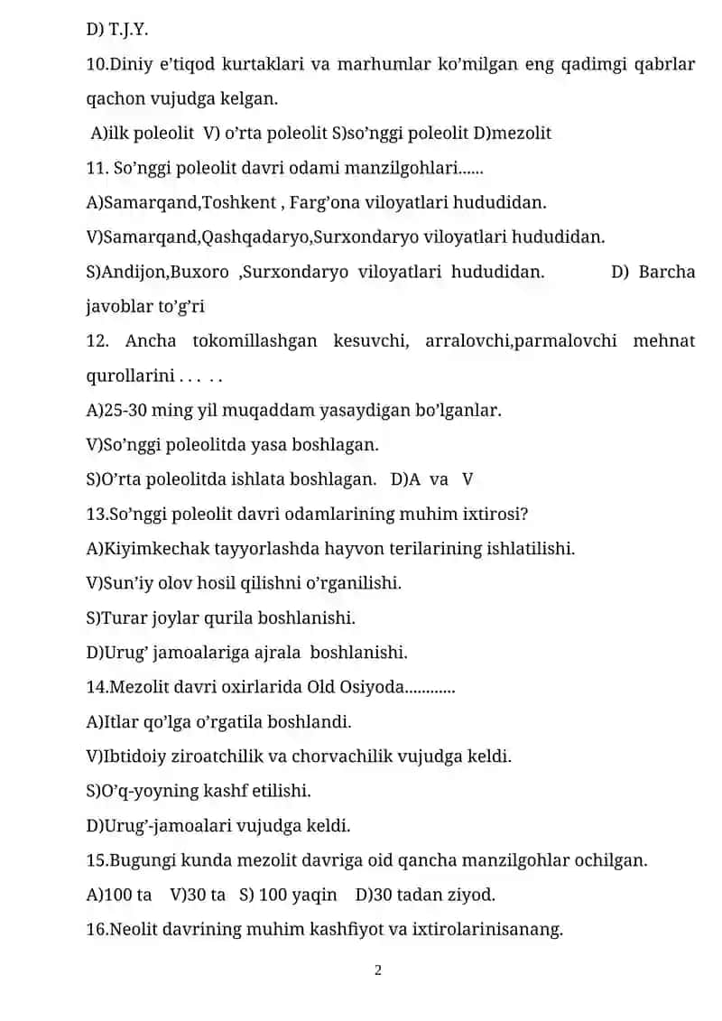 6- sinflar uchun I chorak uchun testlar 2