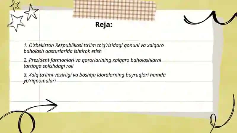 O‘zbekiston Respublikasi ta'lim tizimining xalqaro baholash dasturlarida ishtirok etishing normativ-huquqiy bazasi 2