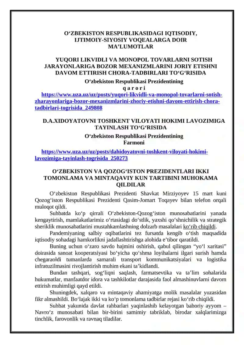 Yuqori likvidli va monopol tovarlarni sotish jarayonlariga bozor mexanizmlarini joriy etishni davom ettirish chora-tadbirlari to‘g‘risida 2
