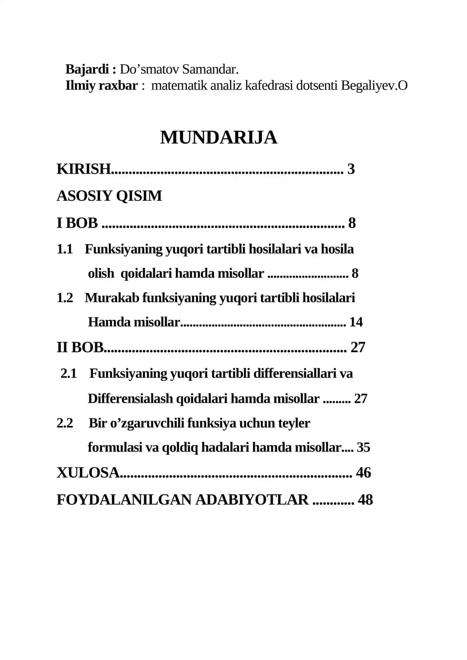 Bir o’zgaruvchili fungksiyaning yuqori tartibli hosilalari va differnsiallari hamda Teyler formulasi 2